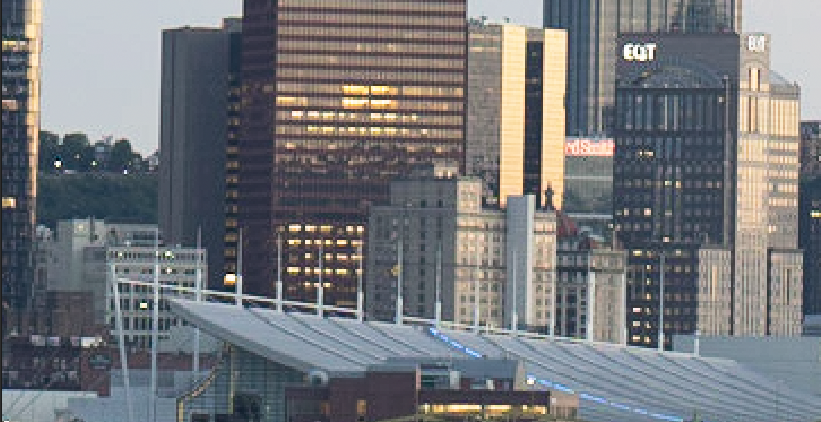 A pixelated city skyline